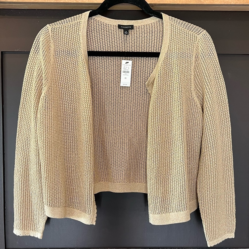 NWT Talbots Women's GOLD LUREX OPEN STITCH SCALLOP SHRUG Size Medium